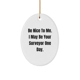 Funny Surveyor Gifts from Friends - Oval Ornament for Christmas Unique Presents - Be Nice To Me Gift Ideas for Surveyor Friends Family - Image 1